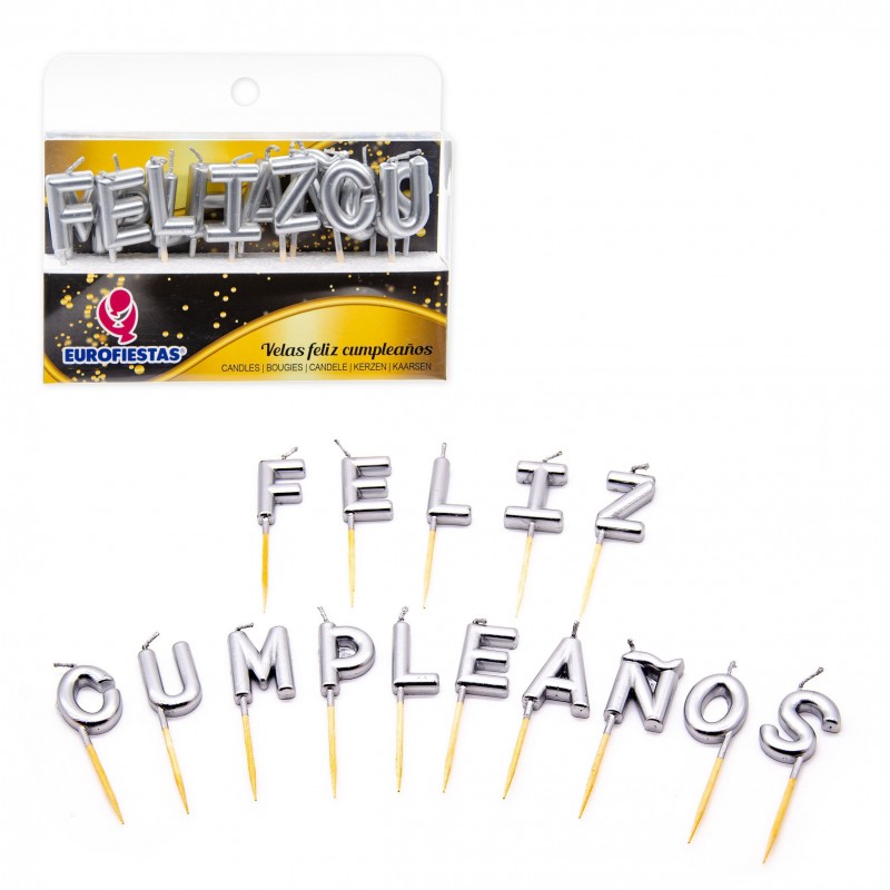 Feliz aniversário velas com letras de prata