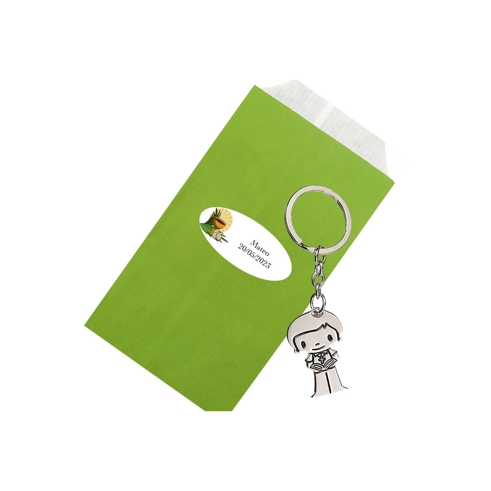 Chaveiro de comunhão de menino em envelope kraft verde personalizado