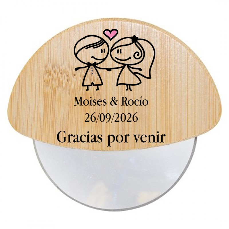 Cortador de pizza de casamento personalizado com frases e nomes