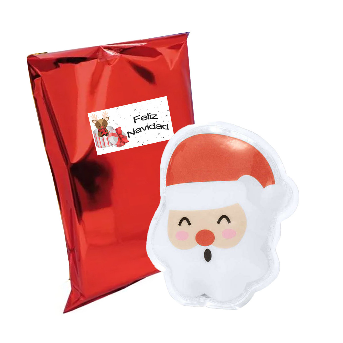 Aquecedor de mãos de bolso em formato de papai noel apresentado em bolsa metálica e adesivo de natal