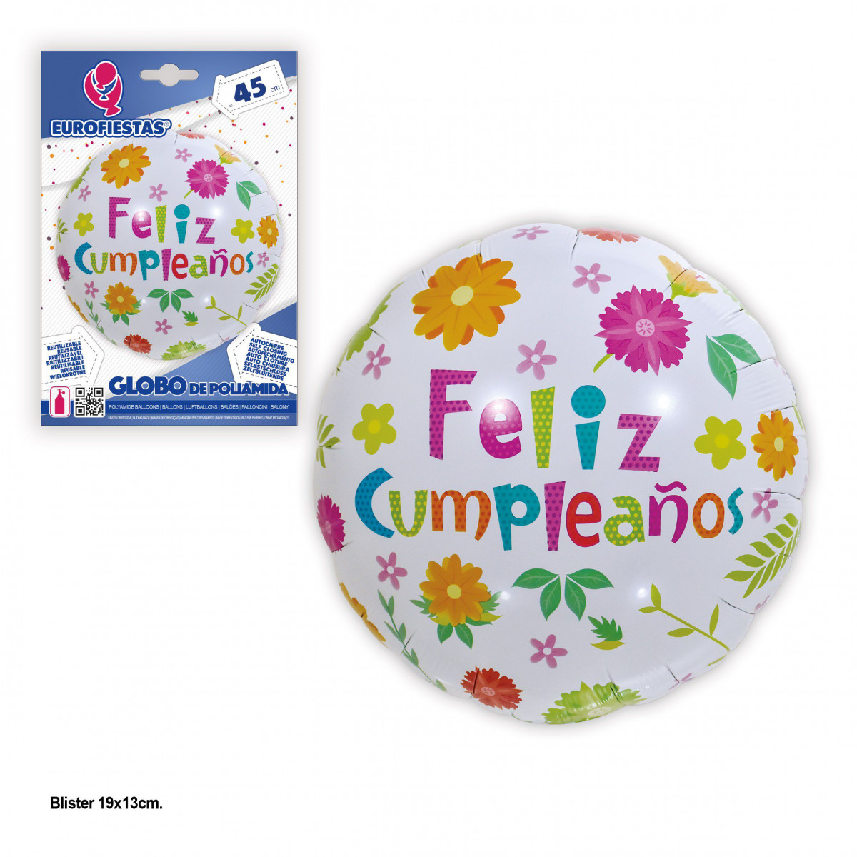 Balão foil 45cm redondo flores de feliz aniversário branco