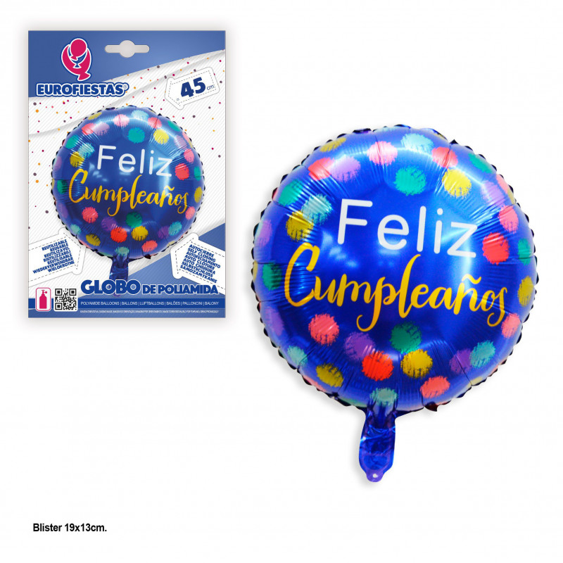 Balão de alumínio redondo de bolinhas azuis feliz aniversário