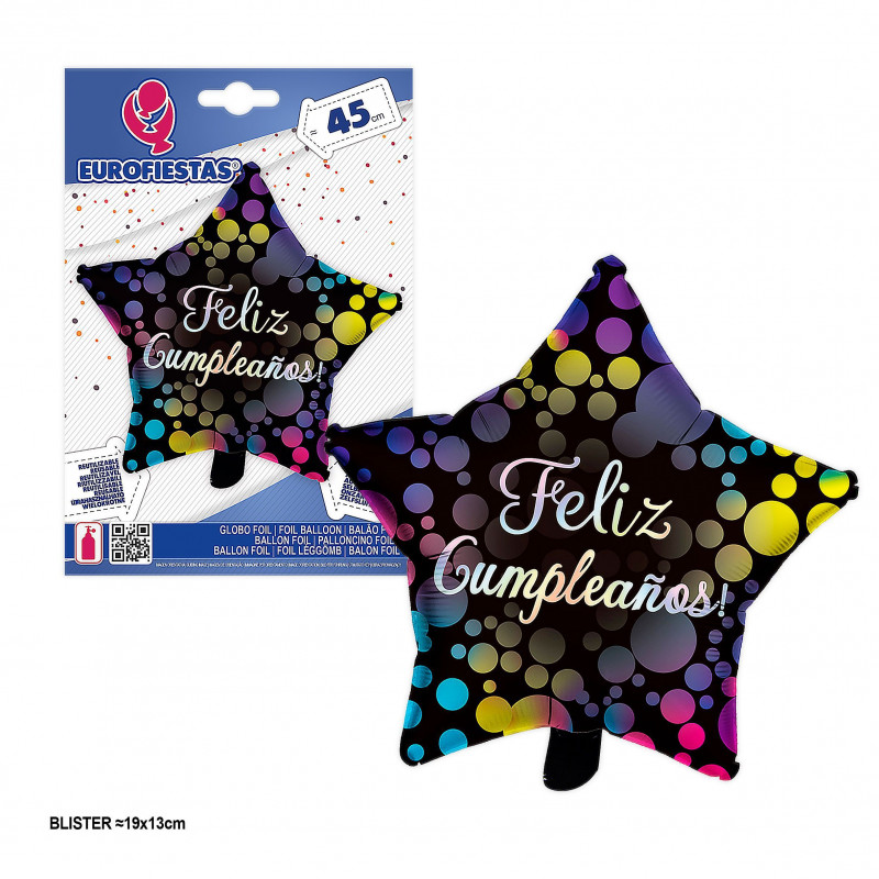 Feliz aniversário balão foil estrela círculos pretos tons 45cm