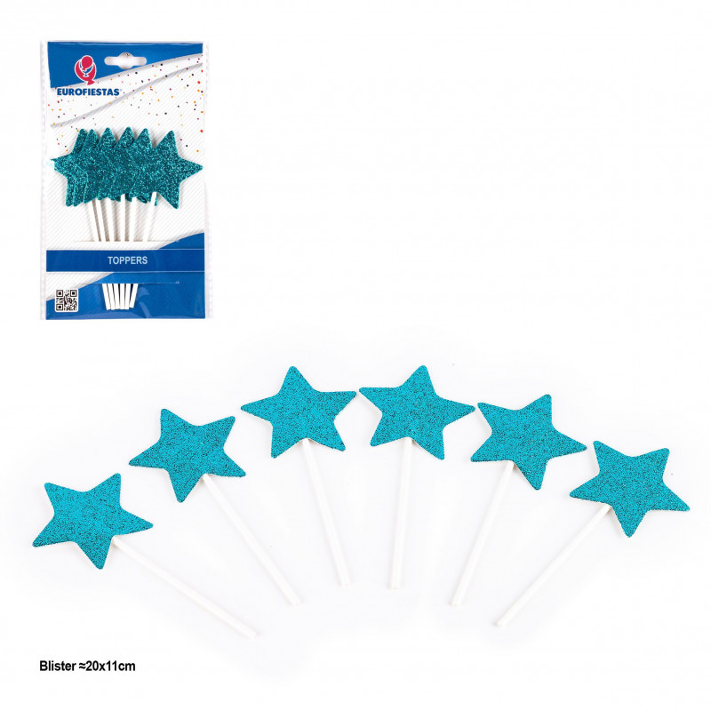 Topper de estrelas com glitter azul 6 unidades