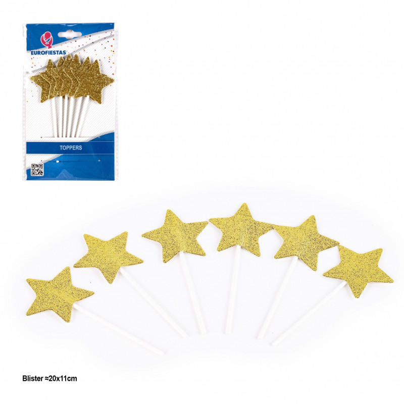 Topper estrela com glitter dourado 6 unidades