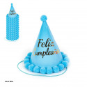 Chapéu pompom de feliz aniversário azul metálico de 20cm