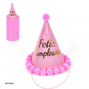 Chapéu pompom de feliz aniversário rosa metálico de 20 cm