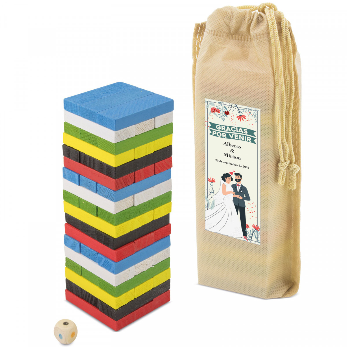 Jenga colorida com bolsa e adesivo personalizado