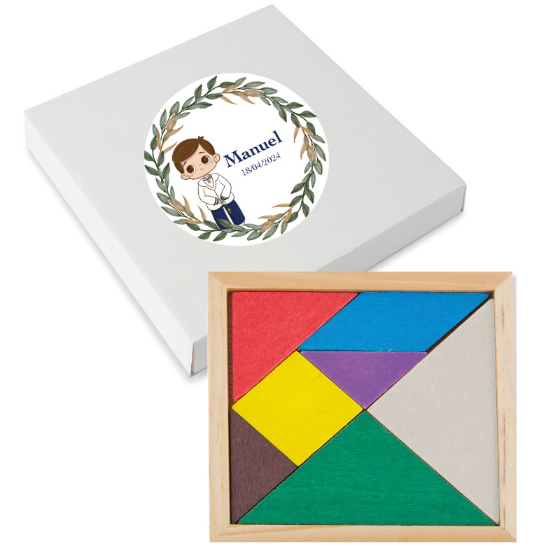 Tangram de madeira com caixa e adesivo de comunhão infantil