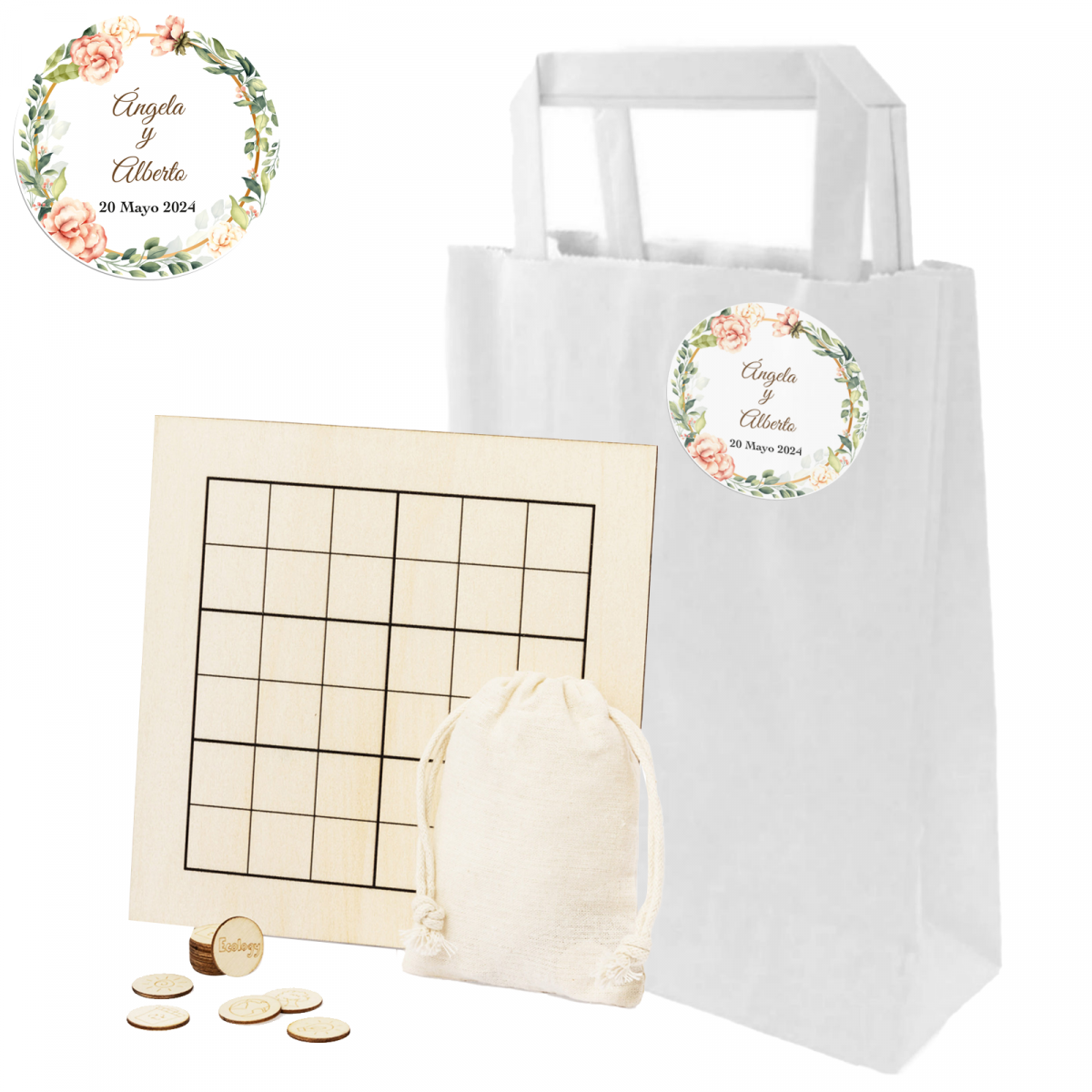 Sudoku de madeira com saco kraft e adesivo personalizado