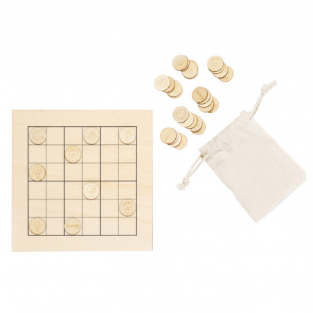 Sudoku de madeira com saco kraft e adesivo personalizado