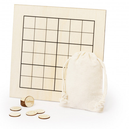 Sudoku de madeira com saco kraft e adesivo personalizado