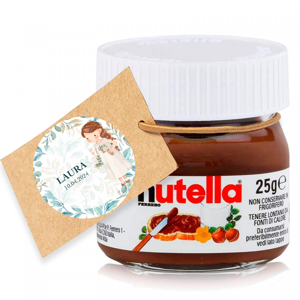 Nutela 25 gr. com etiqueta para pendurar e adesivo personalizado para detalhes da comunhão das meninas