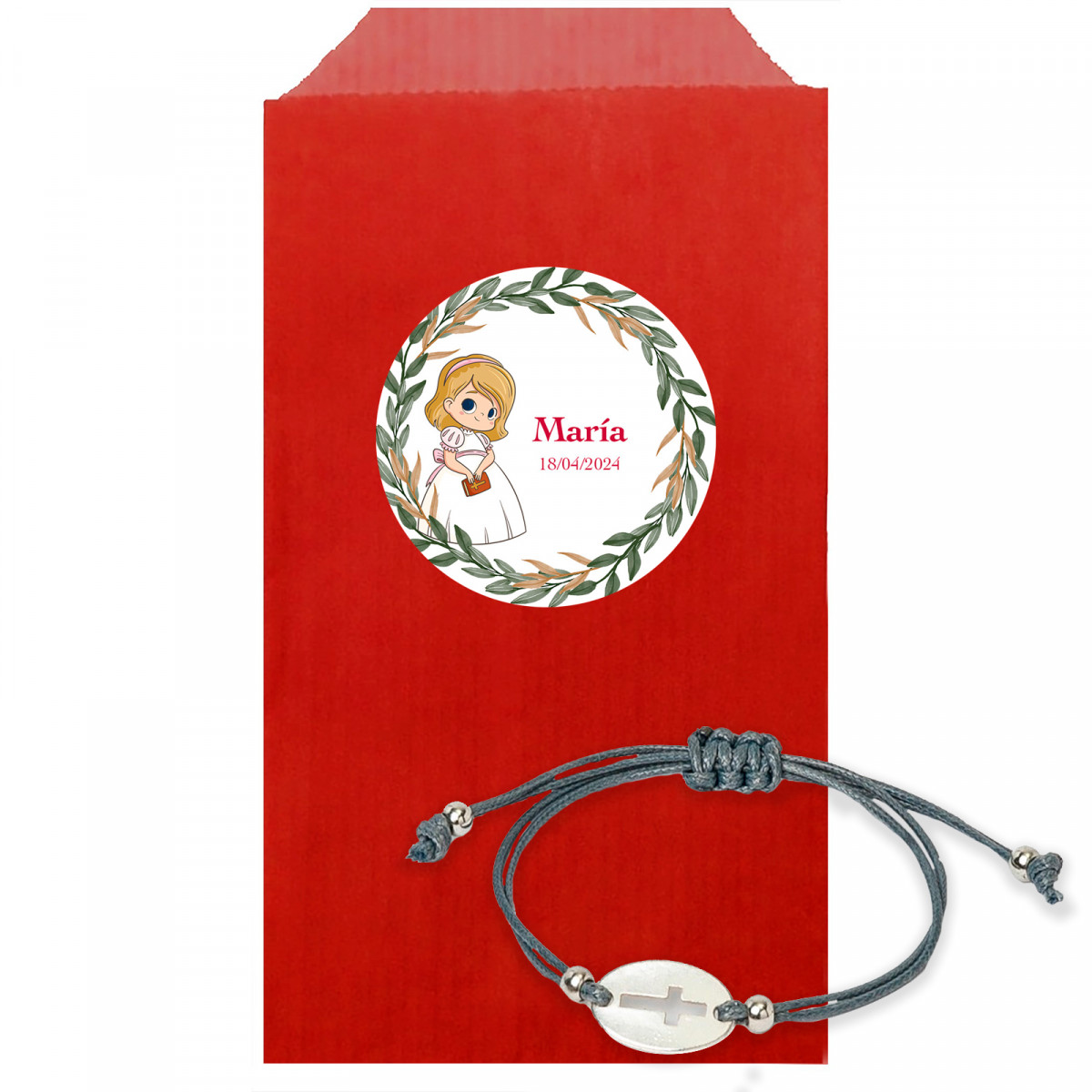 Pulseira de cordão com pingente de cruz em envelope com adesivo de comunhão de menina personalizado