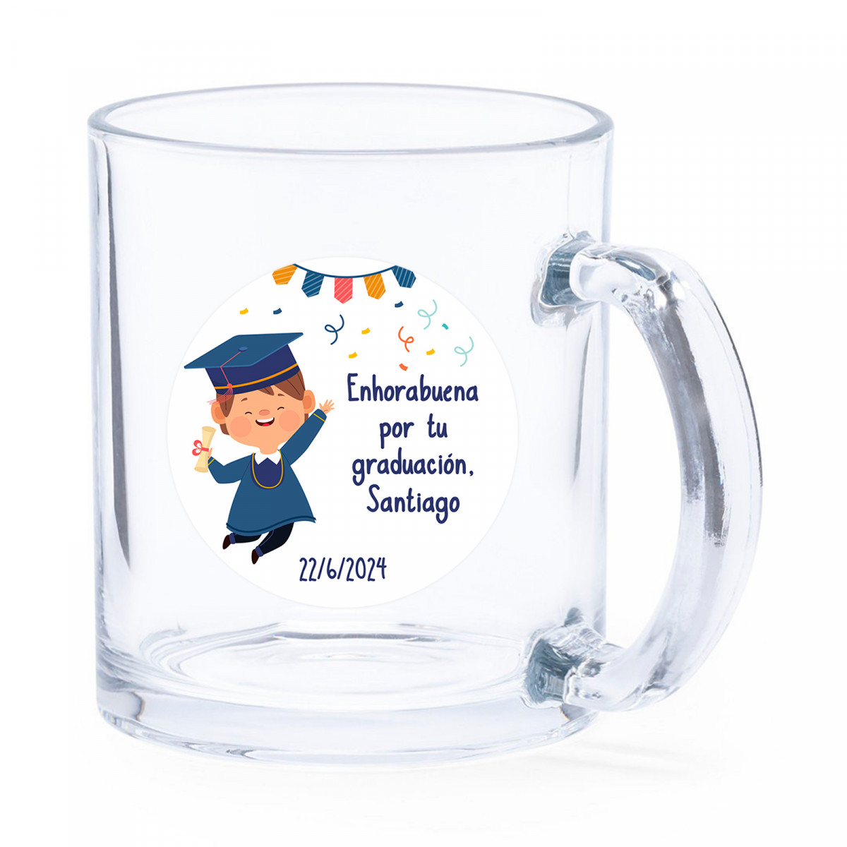 Caneca de vidro com adesivo personalizado de formatura de menino