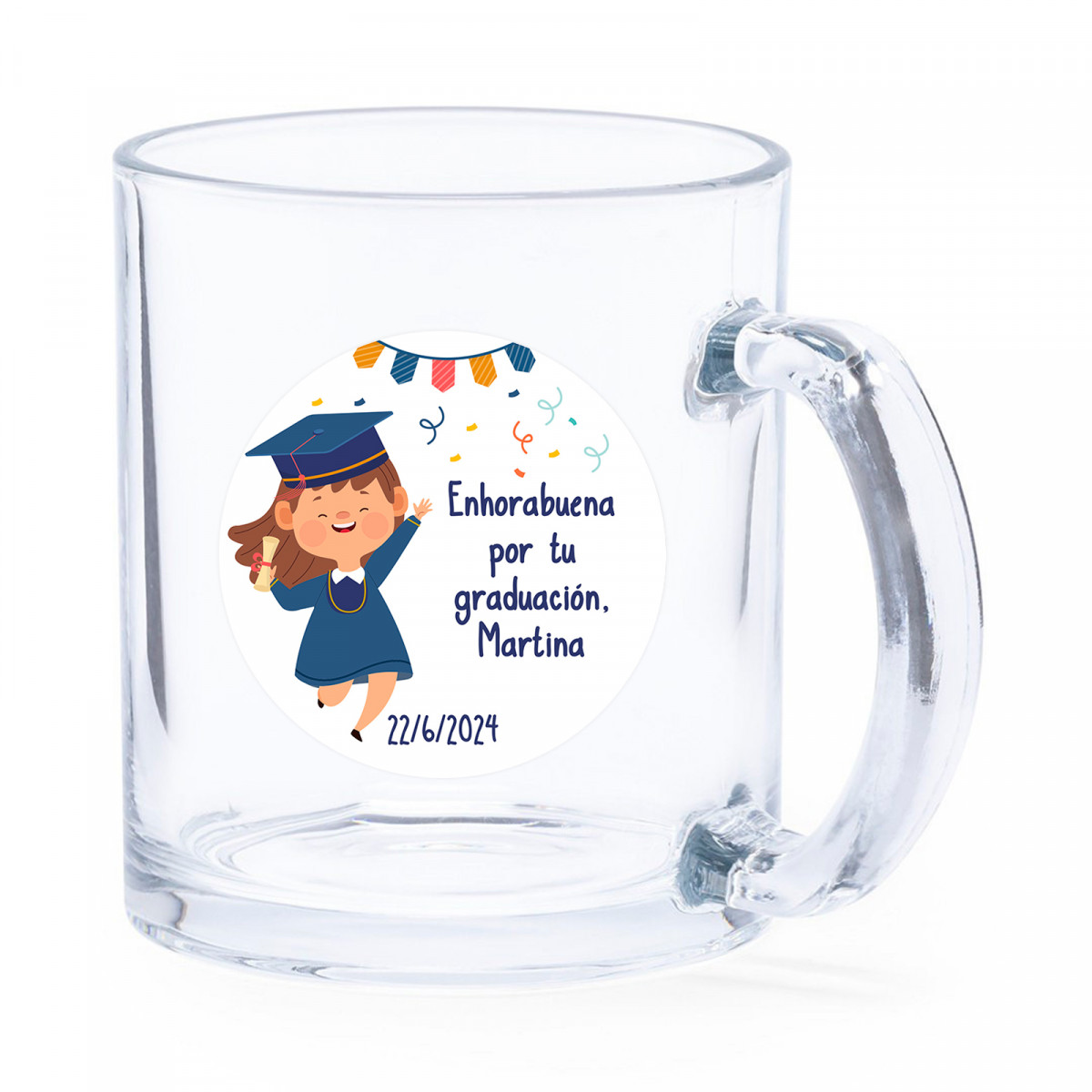 Caneca de vidro com adesivo personalizado de formatura de menina