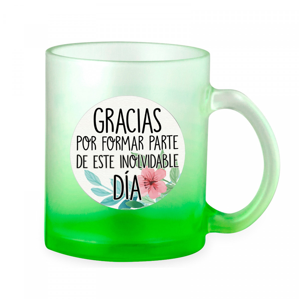 Caneca de vidro com alça e adesivo com frase de agradecimento