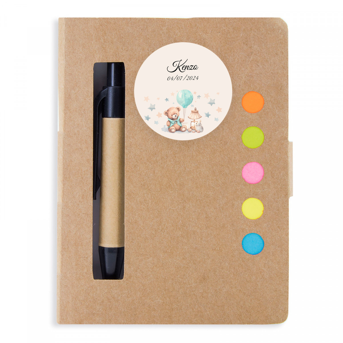 Caderno com adesivo personalizado para detalhes de batismo