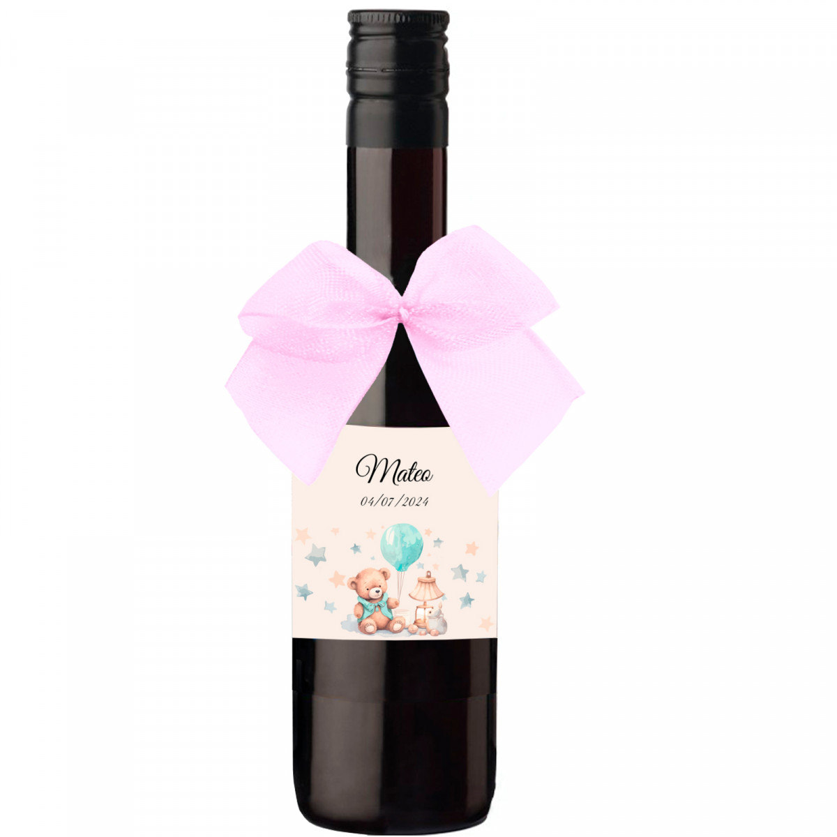 Garrafa de vinho pequena com laço rosa e autocolante personalizado para batizado