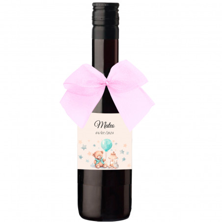Garrafa de vinho pequena com laço rosa e autocolante personalizado para batizado