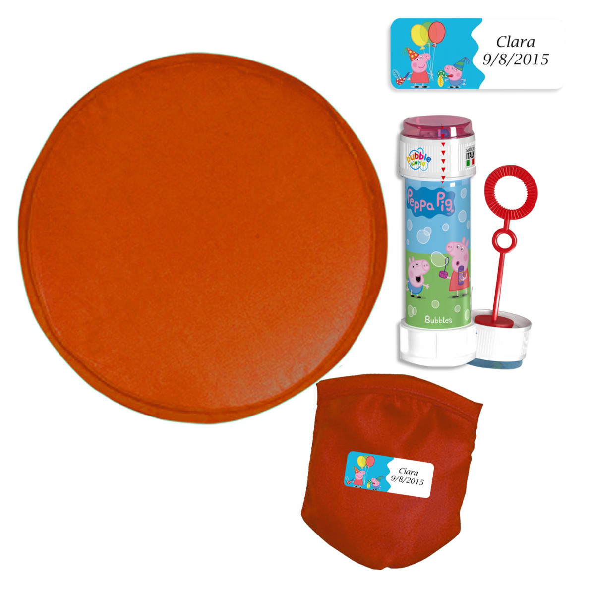 Frisbee de tecido dobrável com saco e autocolante Peppa Pig personalizado com pompom a condizer