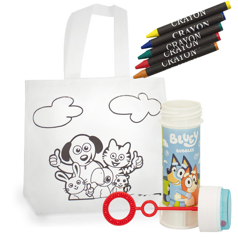 Bolsa para colorir infantil com pompero Bluey e bingo