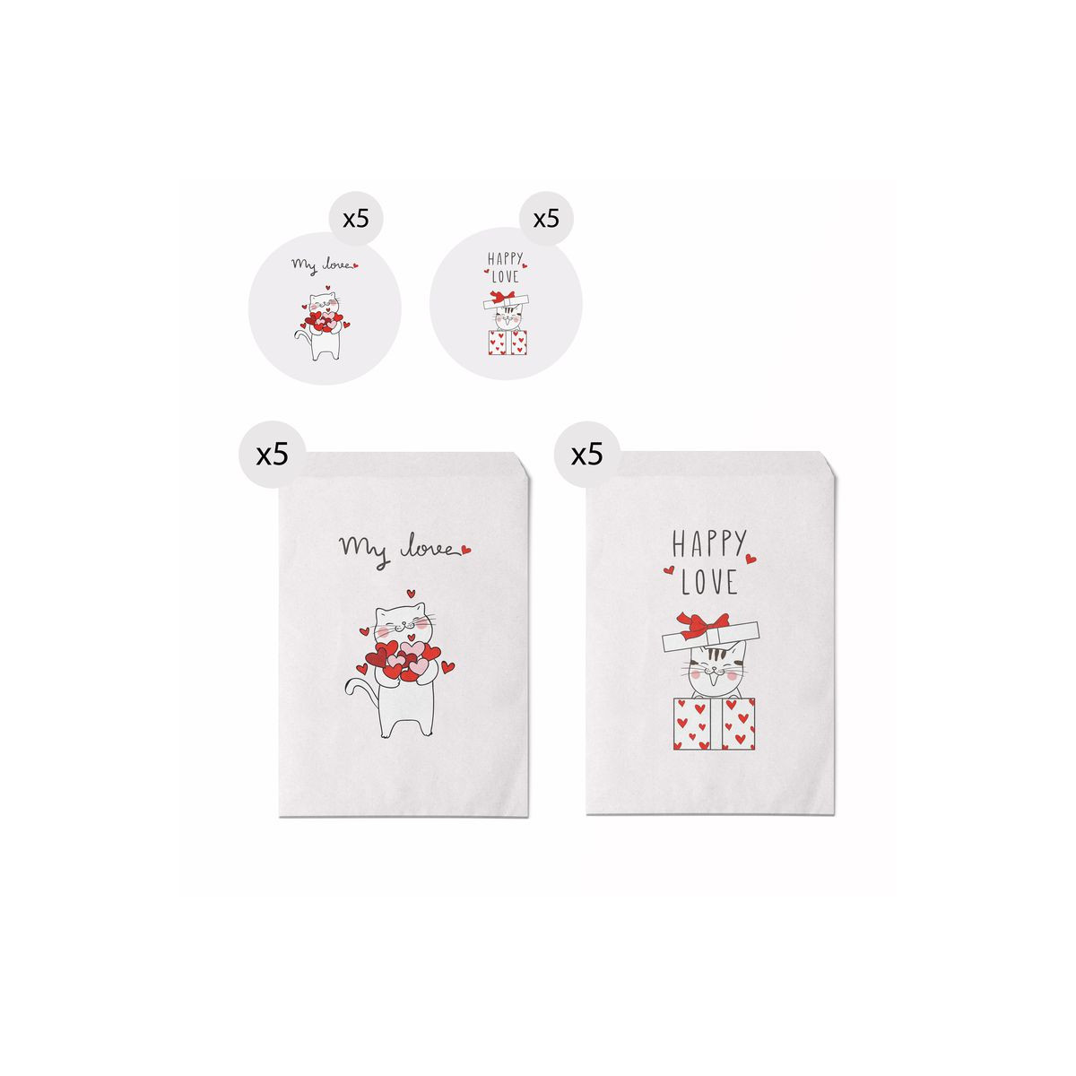 Conjunto de 10 envelopes para presente tamanho 13x16 com gatinhos com mensagens de amor