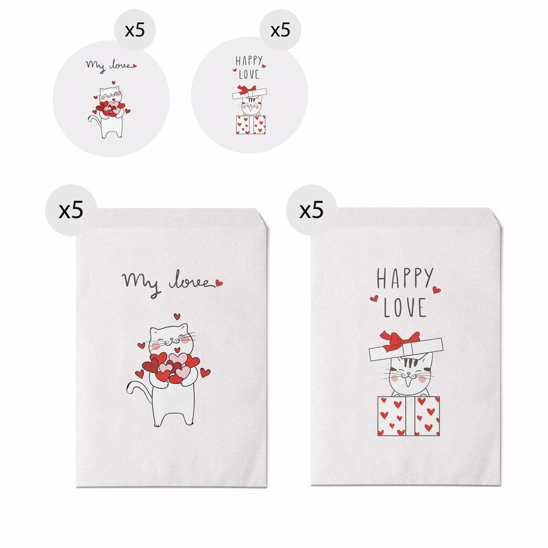 Conjunto de 10 envelopes para presente tamanho 13x16 com gatinhos com mensagens de amor