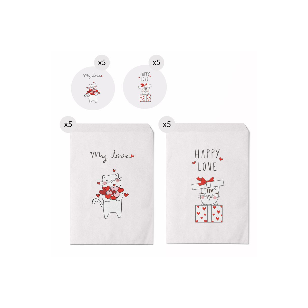 Conjunto de 10 envelopes para presente tamanho 16x24 com gatinhos com mensagens de amor