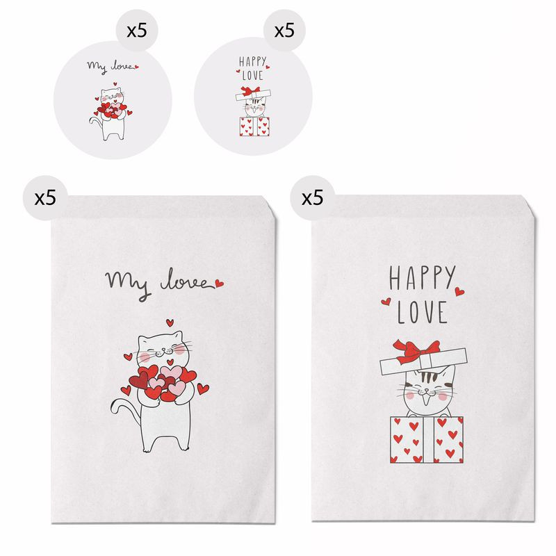 Conjunto de 10 envelopes para presente tamanho 16x24 com gatinhos com mensagens de amor