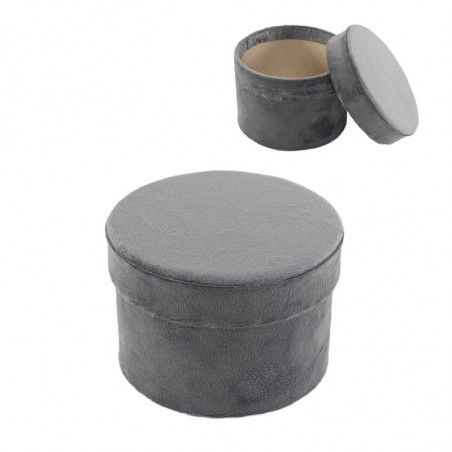 Caixa cilíndrica de veludo cinza com tampa para lembrancinhas e presentes de eventos