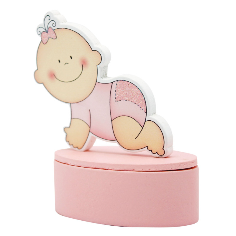 Caixa magnetizada com figura de bebê rosa para batismo de menina