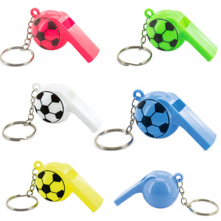 Pacote de 5 chaveiros coloridos com apito e bola de futebol para crianças