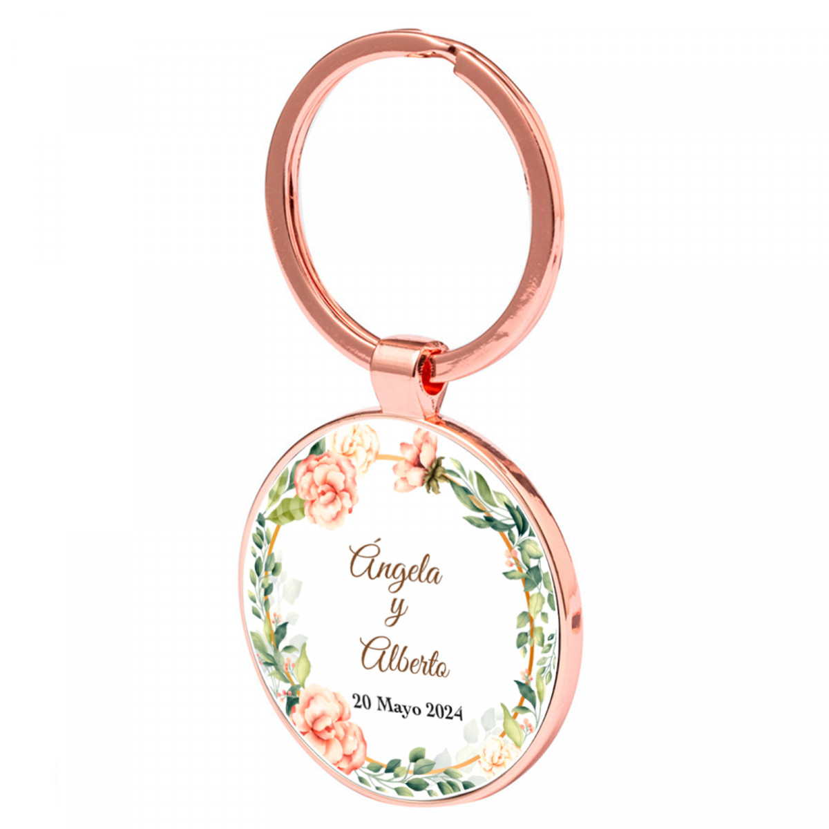 Chaveiro personalizado em ouro rosa para detalhes do casamento