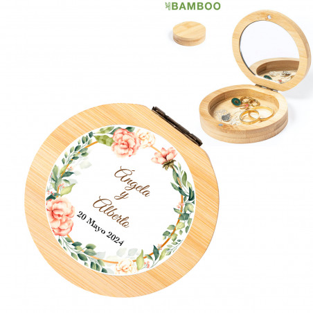 Caixa de joias de bambu com adesivo personalizado para detalhes do casamento