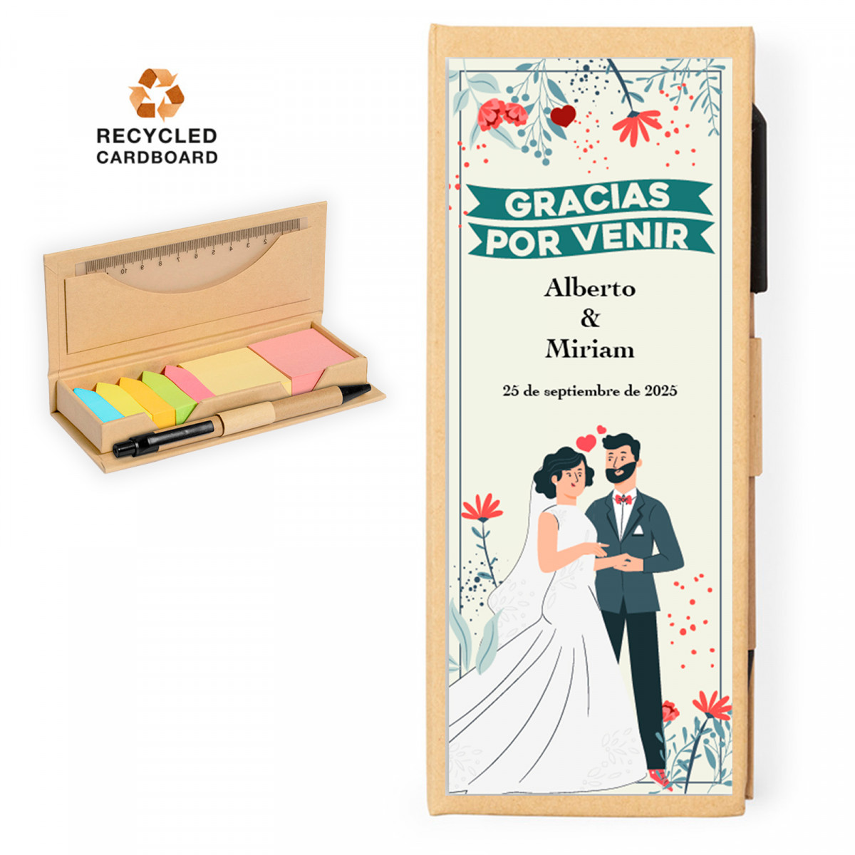 Marcadores e anotações coloridas caneta e régua personalizadas para detalhes do casamento em caixa de papelão