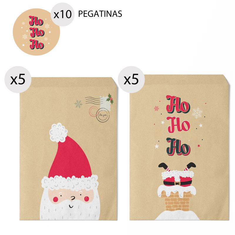 Envelopes kraft de Natal Papai Noel 10 unidades 16x24cm e adesivos