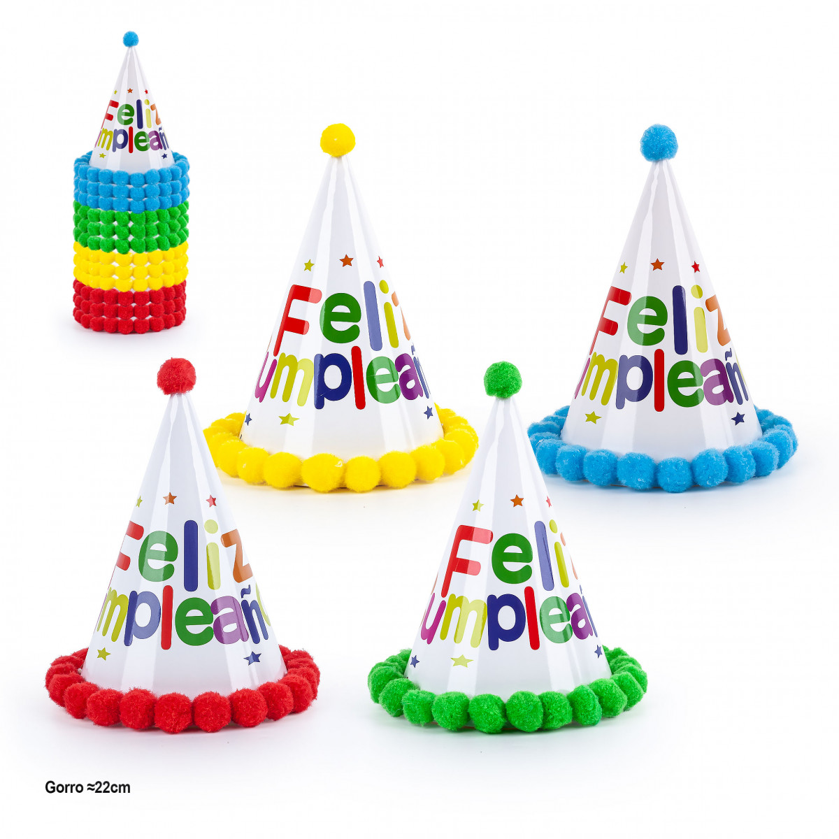 Chapéu de feliz aniversário com pompons 22cm