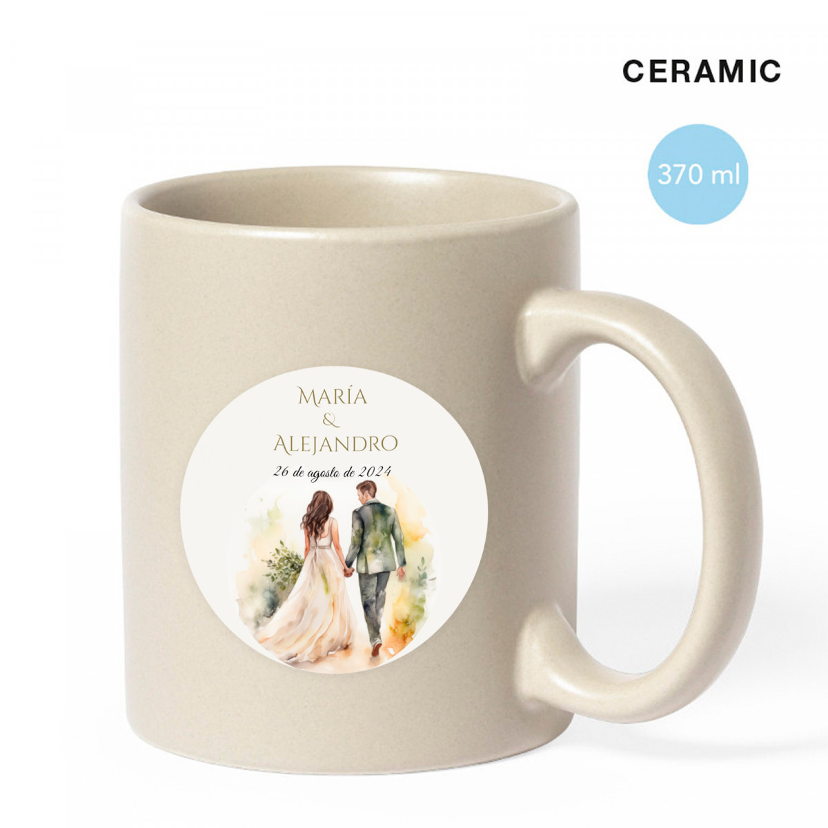 Caneca de cerâmica com adesivo personalizado para detalhes do casamento