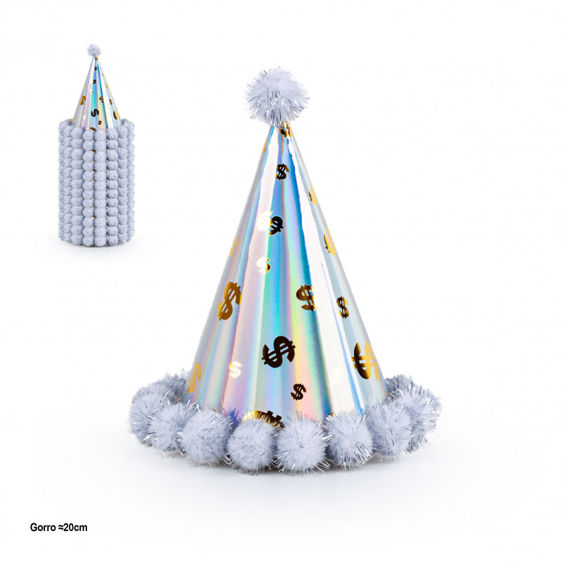 Chapéu de festa iridescente com pompons e símbolo de US$ 20 cm