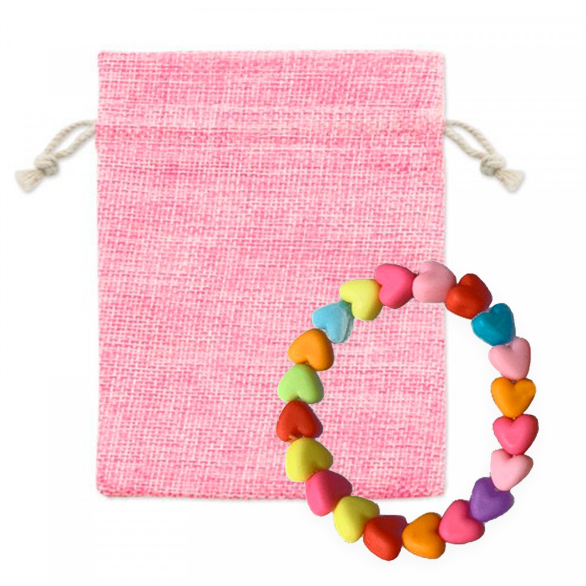 Pulseira com miçangas em bolsa de tecido rosa para detalhes