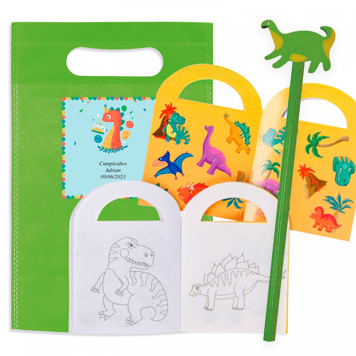 Livro de colorir com adesivos e lápis de dinossauro em bolsa personalizada para detalhes