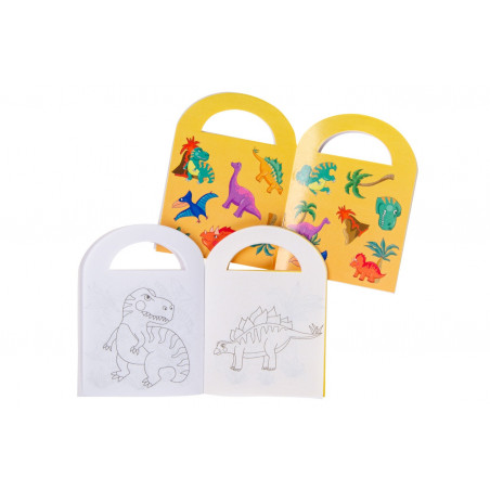 Livro de colorir com adesivos e lápis de dinossauro em bolsa personalizada para detalhes