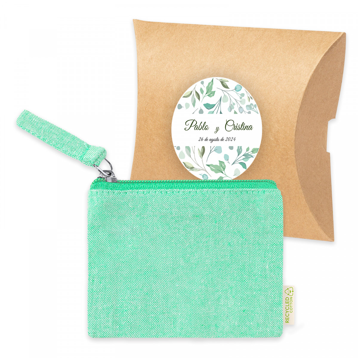 Bolsa de algodão verde em envelope kraft com adesivo personalizado para detalhes