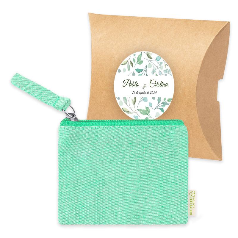 Bolsa de algodão verde em envelope kraft com adesivo personalizado para detalhes