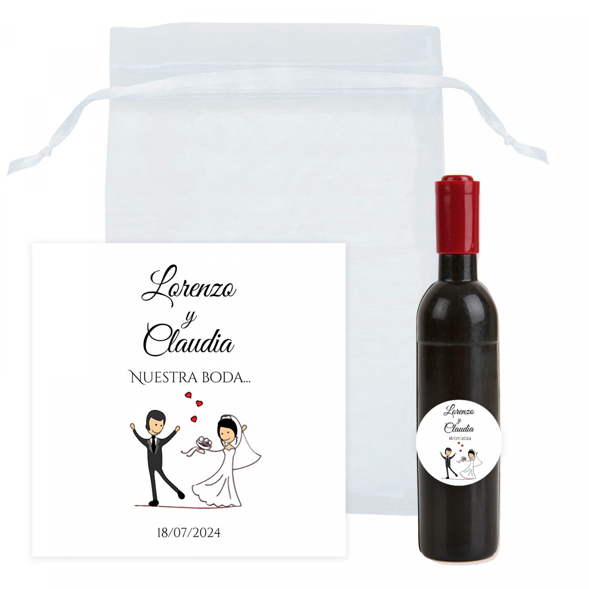 Saca-rolhas em formato de garrafa de vinho personalizada com cartão de agradecimento em saco de organza para lembrancinhas de