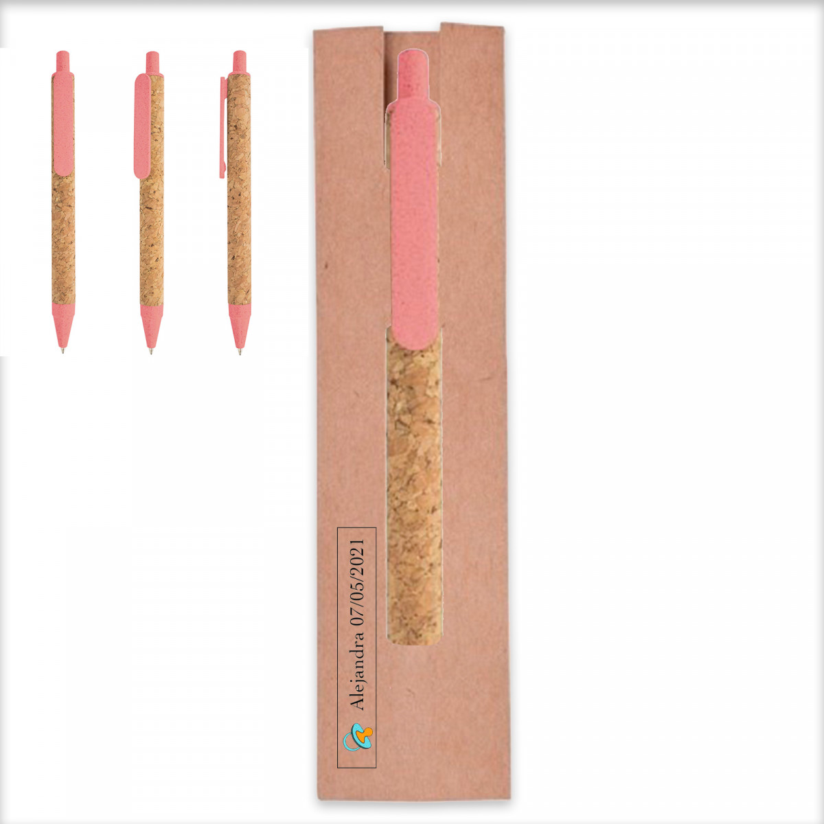 Caneta de trigo rosa em estojo com adesivo de batizado para detalhes