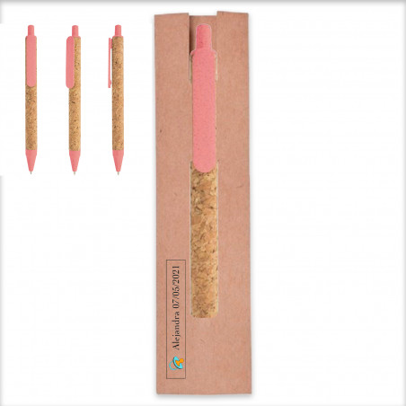 Caneta de trigo rosa em estojo com adesivo de batizado para detalhes