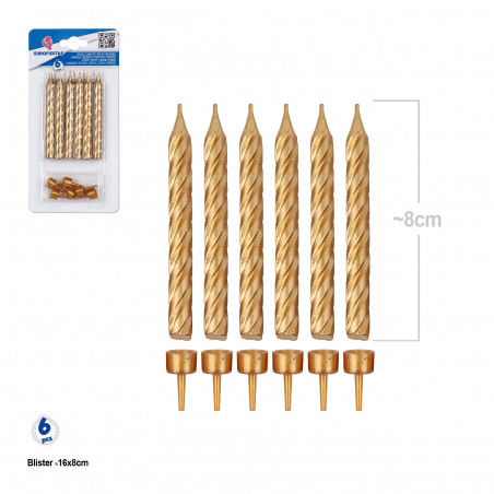 Velas douradas clássicas para aniversários em embalagem de 6 unidades