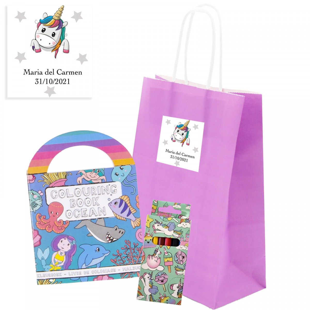 Livro de colorir com adesivos e lápis de cor em bolsa personalizada para meninas e meninos